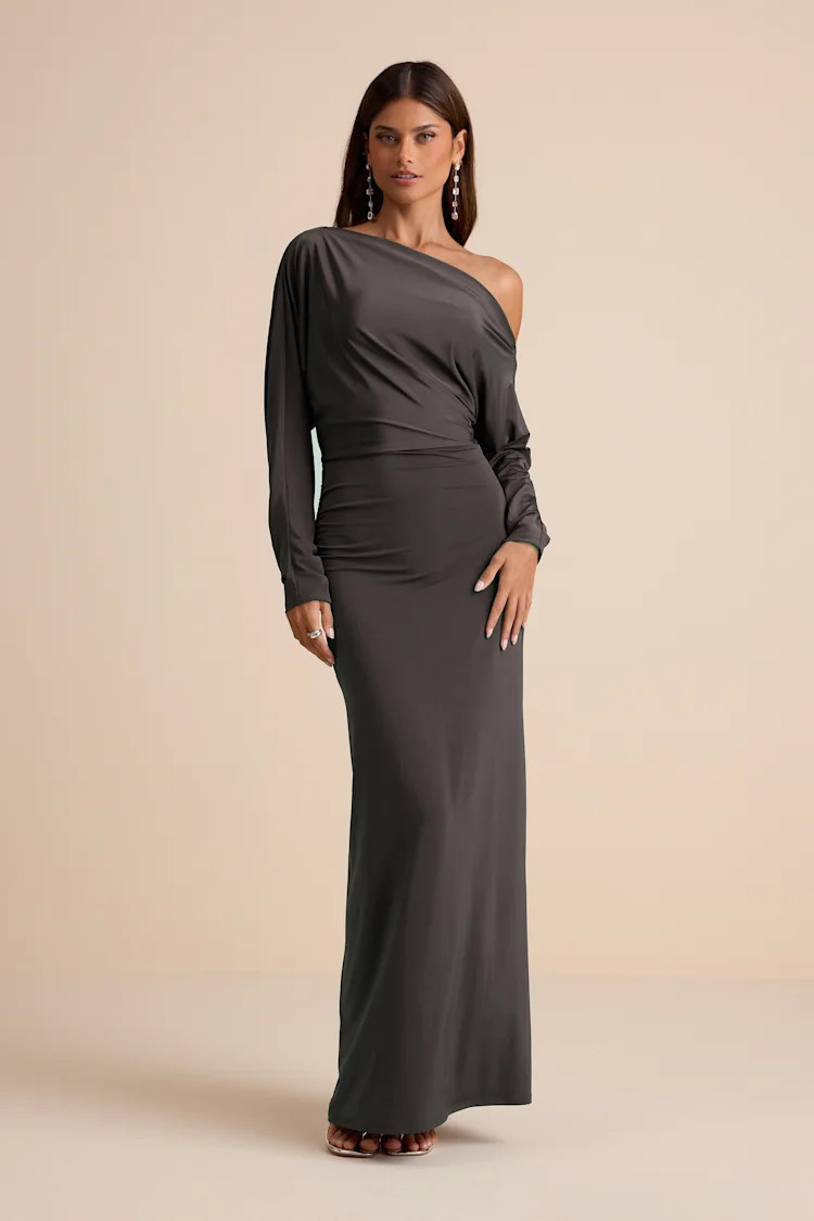 Valani Charcoal Jersey Knit Asymmetrical Long Sleeve Maxi Dress | Lulus