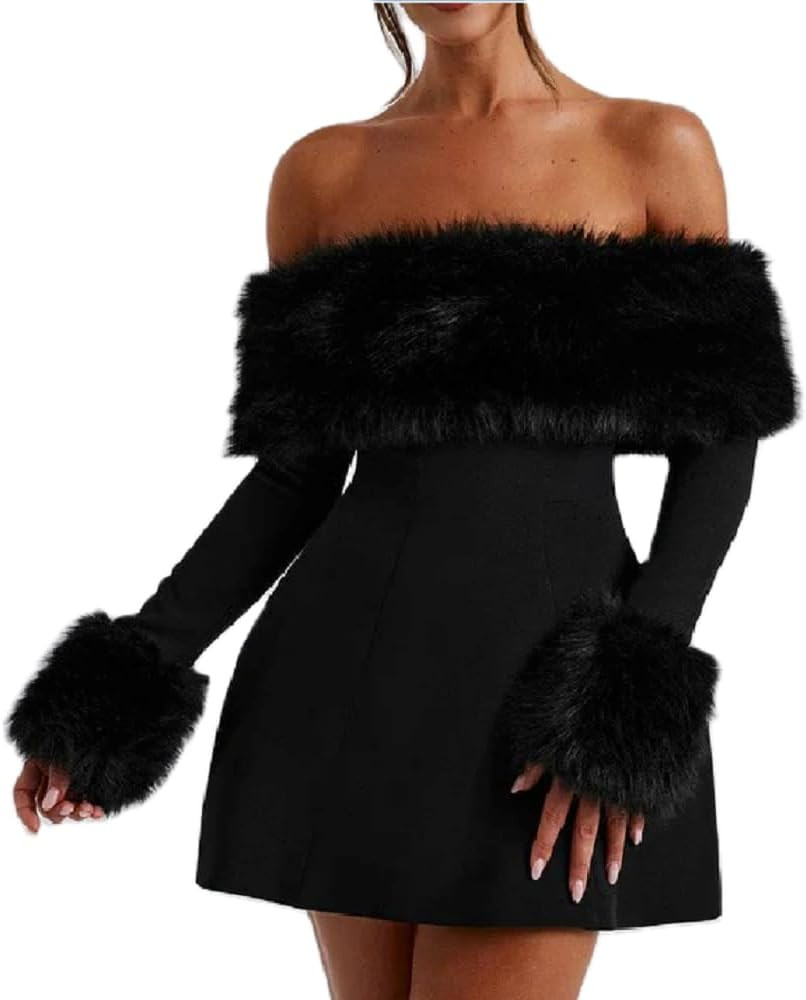 Women Off Shoulder Long Sleeve Dress Fluffy Mini Dress Vintage Feather Trim Bodycon Mini Dress Fa... | Amazon (US)