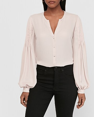 Pleated Balloon Sleeve Portofino Shirt | Express
