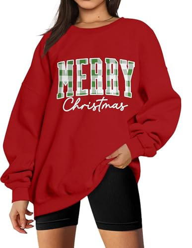 BEIDEFY Christmas Sweatshirt for Women Merry Letter Print Long Sleeve Shirt Xmas Oversized Pullover Tops Red | Amazon (US)
