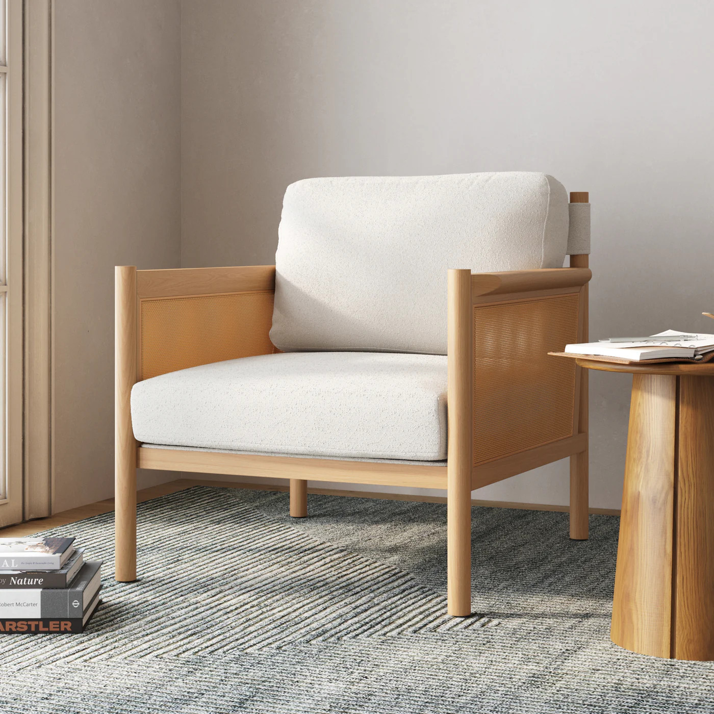 Solid Wood Boucle Accent Chair Rattan Arm Cream/Raw Oak | Nathan James