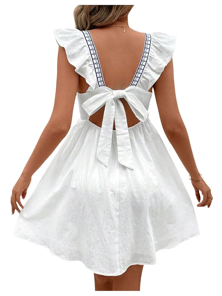 MakeMeChic Women's Floral Print Knot Back Square Neck Cap Sleeve A Line Mini Dress | Amazon (US)