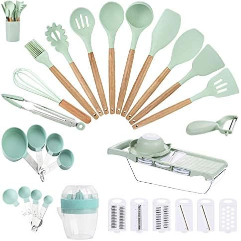 Silicone Kitchen Utensils 33 PCS Cooking Utensils Sets with Holder, Nuloofen Wooden Handle Cookin... | Amazon (US)