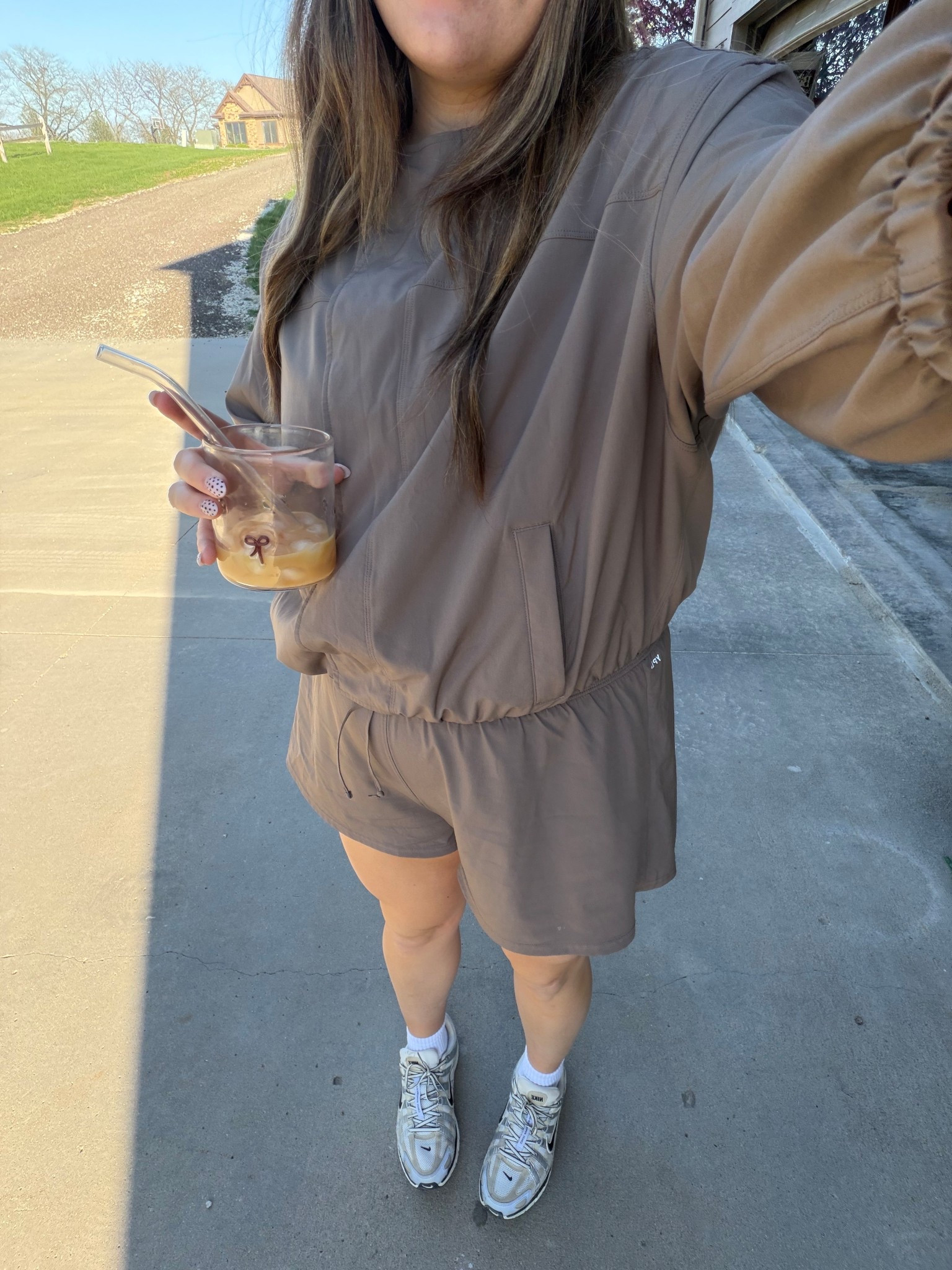 Morning walk active wear outfit of the day. We’re in size large in running shorts and large in the bomber jacket!￼

@abercrombie 
Spring 2026, Mom on the go, suck mom, size 12, size 14