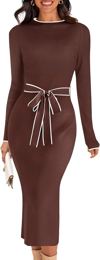 MEROKEETY Women's 2024 Long Sleeve Midi Sweater Dress Fall Mock Neck Color Block Tie Waist Bodyco... | Amazon (US)