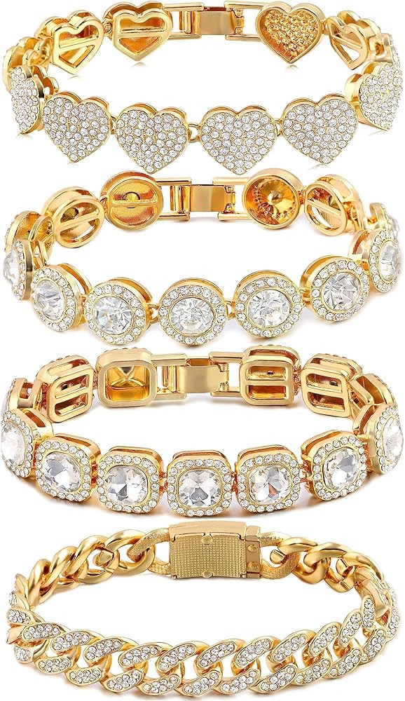 4PCS Gold Bracelets for Women Silver Clustered Tennis Bracelet for Women Heart Round Diamond Cuba... | Amazon (US)