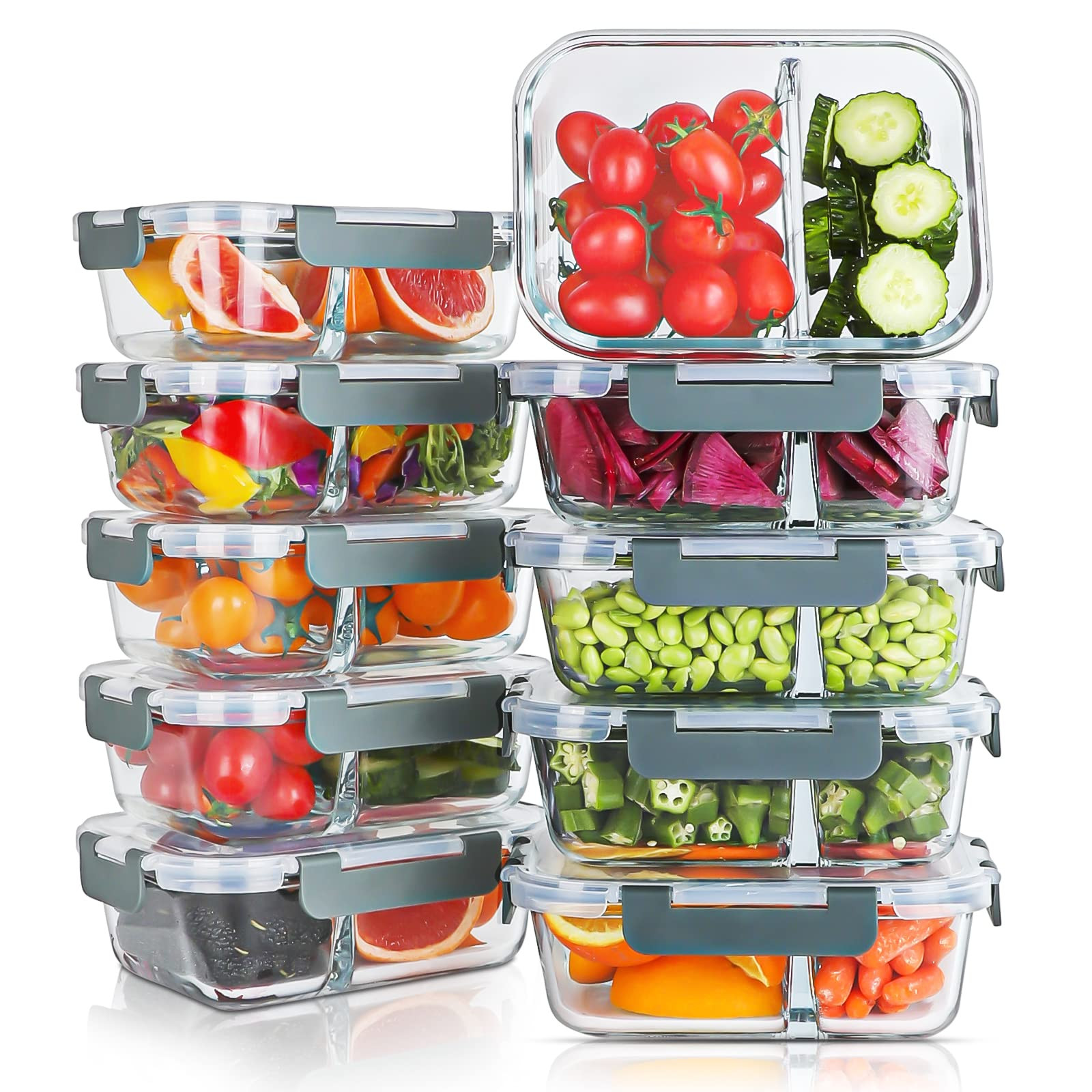 KOMUEE 10 Packs 30oz Glass Meal Prep Containers 2 Compartments,Glass Food Storage Containers with... | Amazon (US)