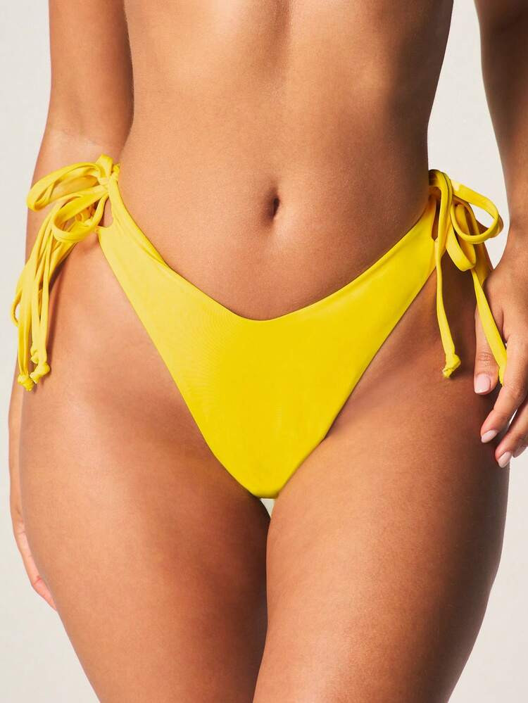 MISSGUIDED High Rise Side Tie String Bikini Bottom With Ruched Detail And Deep V Cut Coverage Summer Beach Swimwear | SHEIN