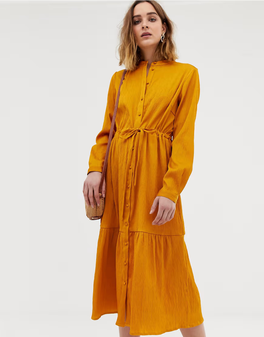 Pieces gathered waist midi shirt dress-Yellow | ASOS (Global)