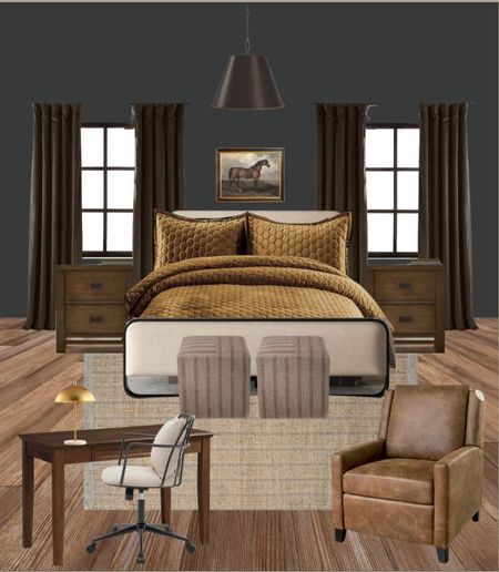 Boys bedroom design dark academia style moody dark beige velvet bedding brown cube ottoman leather chair dark stained desk masculine desk chair affordable bed 

#LTKhome #LTKsalealert #LTKFind