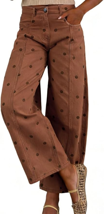 CHOUYATOU Women's 2026 Polka Dot Pattern Barrel Jeans Boyfriend Y2K Casual Wide Leg Mid Rise Deni... | Amazon (US)