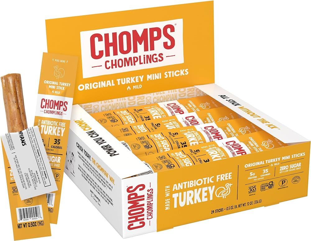 CHOMPS Snack Size Original Turkey Jerky Meat Snack Sticks, ABF Turkey, Keto, Paleo, Whole30 Appro... | Amazon (US)