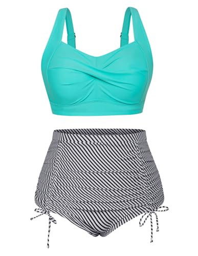 Hanna Nikole Ladies Swimsuit Plus Size Full Figure Hook Back Beach Bathing Suit Set Blue and Stripes 16 Plus | Amazon (US)