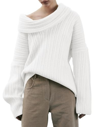 Saodimallsu Womens Off The Shoulder Sweater Top Oversized Fall Batwing Boat Neck Knit Sexy Casual Pullover White | Amazon (US)