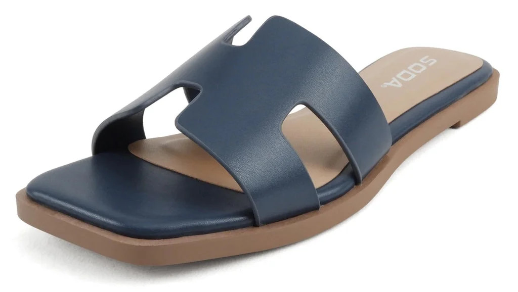 Soda Shoes Women Slip-On Cushioned Sandals H-Band Flat Flip-Flops Slides Square Toe KNIT-S Navy B... | Walmart (US)