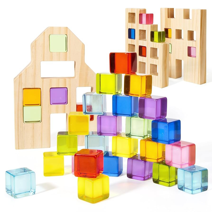 Wooden Building Blocks Set for Kids, 36 PCS Rainbow Acrylic Gem Cubes Blocks - 3 Wood House, Mont... | Amazon (US)
