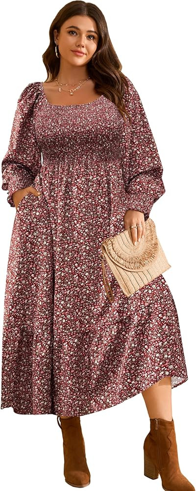 RWJ Women's Plus Size Fall Dress Long Sleeve Square Neck Floral Print Smocked A Line Boho Flowy M... | Amazon (US)