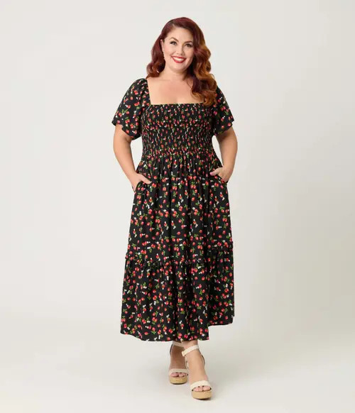 Unique Vintage Plus Size Smocked Bodice Midi Dress in Black W/strawberry Print at Nordstrom, Size 3X | Nordstrom