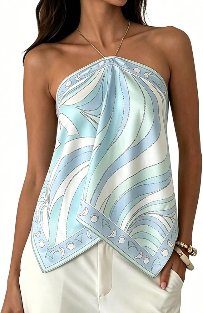 SOLY HUX Women's Halter Satin Top Boho Print Backless Crop Camisole Beach Vacation Bandana Tops | Amazon (US)