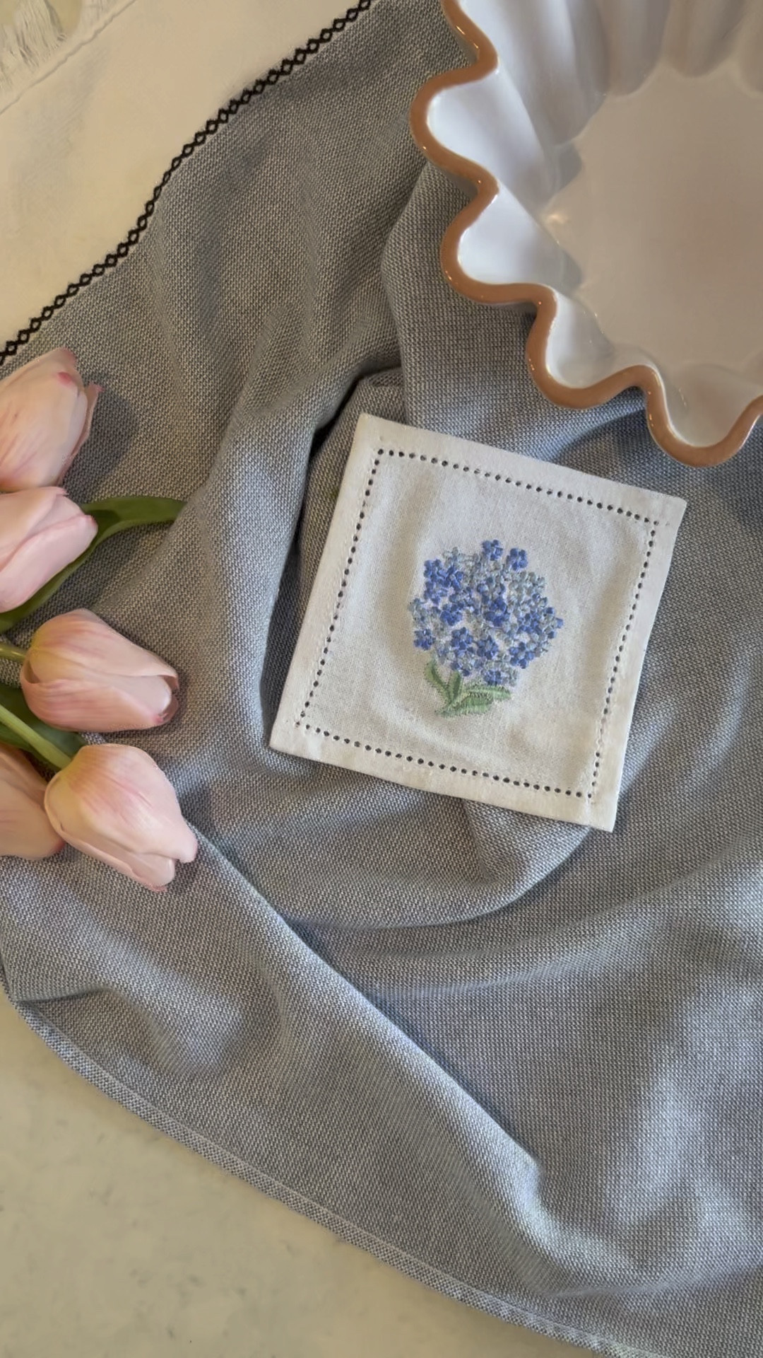 Embroidered blue hydrangeas flower pattern cocktail napkins perfect for a hostess gift or your spring/summer table scape! I love bringing a special gift when visiting family and friends and these will be part of my go to gift this summer!

These look way more expensive than they were! Such a win when you find a good quality item from Amazon!

#summerdecor #summerhostessgift #giftguide #hostessgiftguide #houseguest #tablescape #springtablesetting #summertable #shannonrussointeriors 

#LTKhome #LTKGiftGuide #LTKunder50