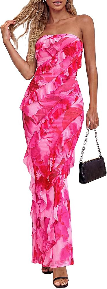 BTFBM Spring Dresses for Women 2026 Strapless Maxi Ruched Bodycon Floral Ruffle Cocktail Formal W... | Amazon (US)