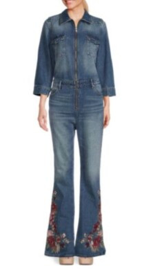Driftwood Flared Belle🌸 Floral 🌸Embroidrd Denim Zip Jumpsuit Size L NWT!  | eBay | eBay US