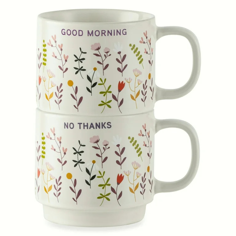 Thyme & Table 2 Pack Stacking Good Morning and No Thanks with Flowers Cream Mugs 14.2 fl oz, Ston... | Walmart (US)