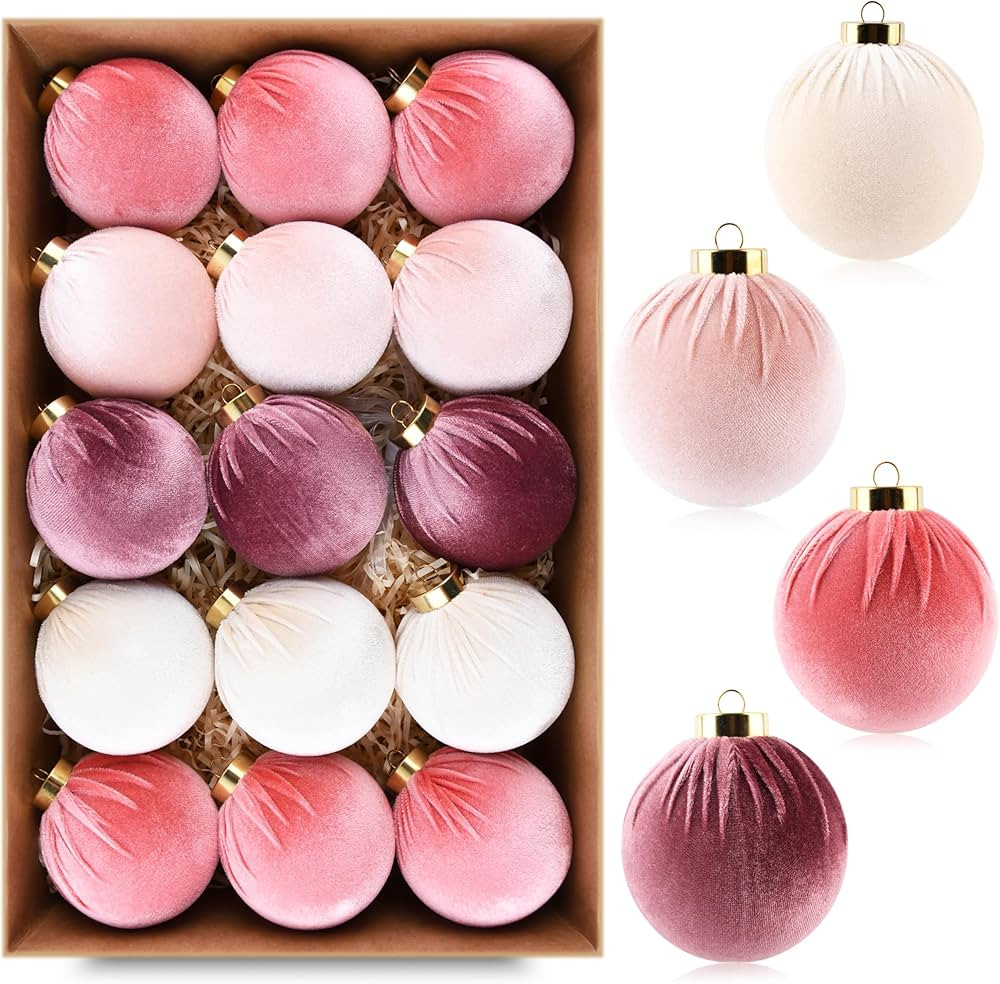 Velvet Christmas Ornaments Balls for Tree - 15pcs Pink Christmas Ornaments Shatterproof for Xmas ... | Amazon (US)