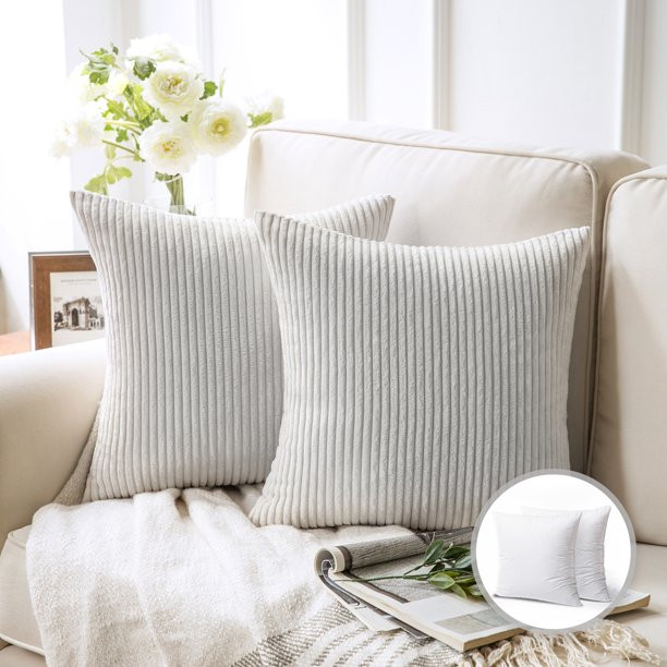 Soft Corduroy Striped Velvet Square Decorative Throw Pillow Cusion For Couch, 18" x 18", True Whi... | Walmart (US)