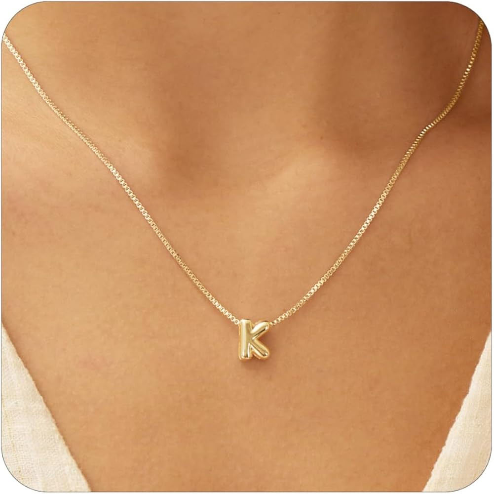 Initial Necklaces for Women, 14K Gold Plated Bubble Letter Necklace, Dainty Gold Balloon Initial ... | Amazon (US)