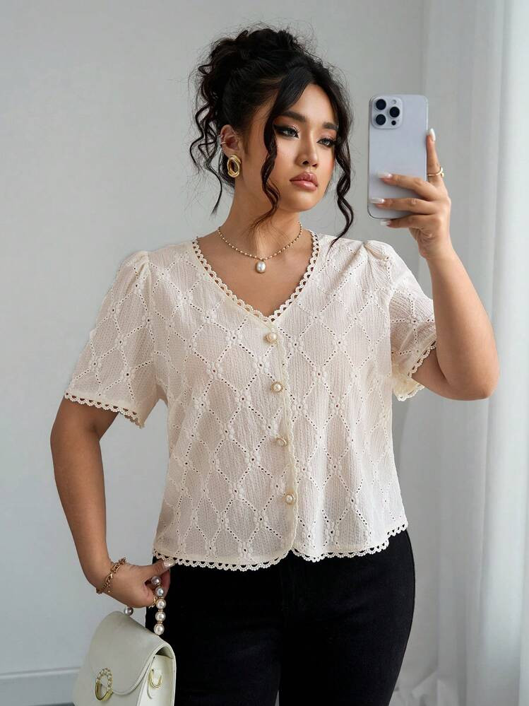 LocalElenzga Women's Elegant Bohemian Style V-Neck Casual Short Sleeve Beige Blouse | SHEIN