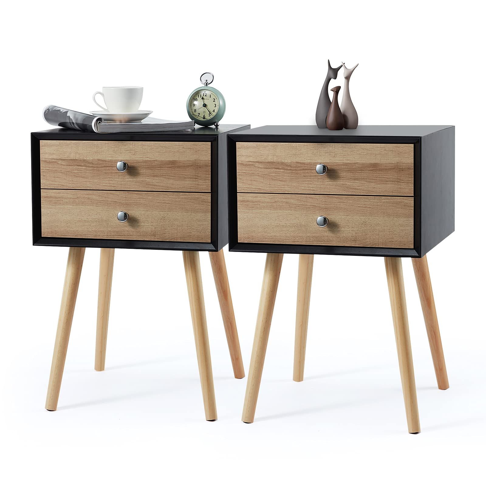 COOLNIC Wooden Nightstand Mid-Century End Table with 2 Glide Sliding Drawers Solid Wood Legs for Liv | Amazon (US)