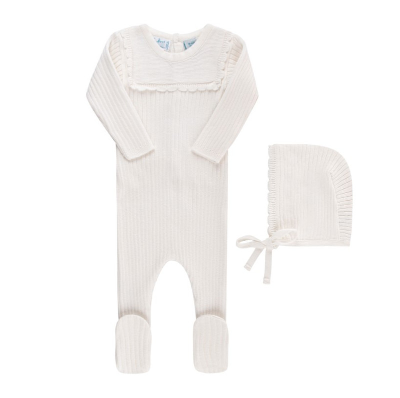 Scallop Trimmed Rib Knit Romper & Bonnet | Feltman Brothers