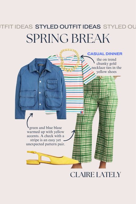 Spring Break Vacation Outfit Idea - casual lunch or dinner. Anthropologie Colette pants, Biden slingback yellow shoes, JCrew blue layering jacket, Kule stripe tee, on trend chunky gold necklace 
❤️ CLAIRE LATELY 

#LTKSeasonal #LTKSpringSale #LTKtravel