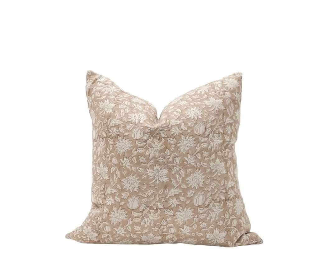 ROSIE  Designer Tan/blush Hand-blocked Floral Pillow Cover - Etsy | Etsy (US)