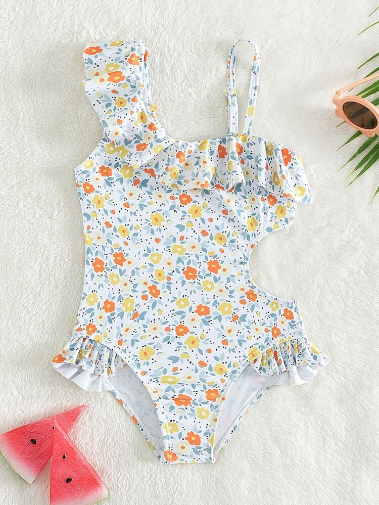 Toddler Girls Ditsy Floral Print Ruffle Trim Cut Out Asymmetrical Neck One Piece Swimsuit | SHEIN