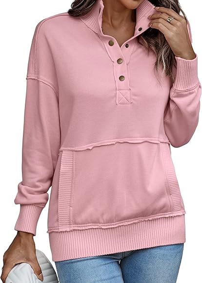 ECOWISH Sweatshirt for Women Long Sleeve Shirts Soft Pullover Solid Color Top with Pockets | Amazon (US)