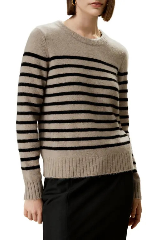 Lilysilk Striped Round Collar Cashmere Sweater in Brown at Nordstrom, Size Small | Nordstrom