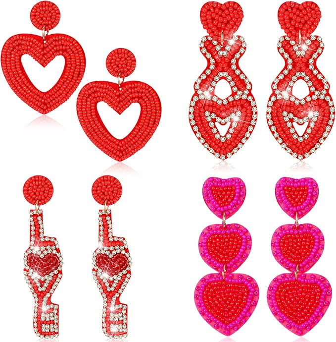 4 Pairs Valentine's Day Beaded Earrings Bohemian Statement Dangle Earrings Love Red Heart Earring... | Amazon (US)