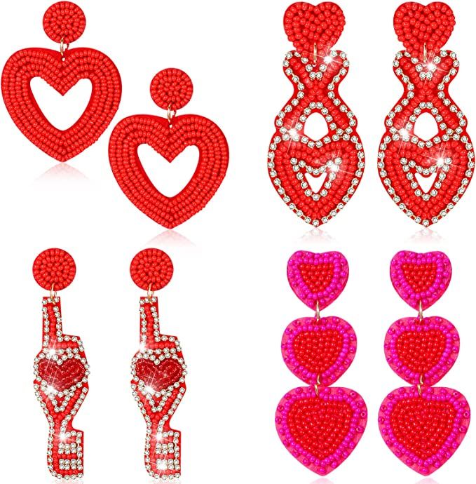 4 Pairs Valentine's Day Beaded Earrings Bohemian Statement Dangle Earrings Love Red Heart Earring... | Amazon (US)