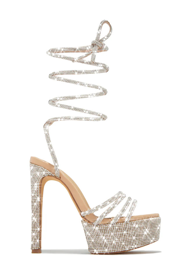 Miss Lola | High Status Nude Embellished Lace Up Platform Heels | MISS LOLA