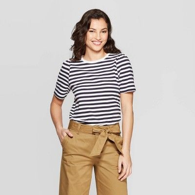 Women's Striped Elbow Length Puff Sleeve Crew Neck T-Shirt - A New Day™ Navy/White | Target