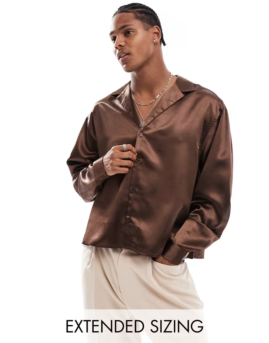 ASOS DESIGN boxy oversized satin shirt in dark brown | ASOS (Global)