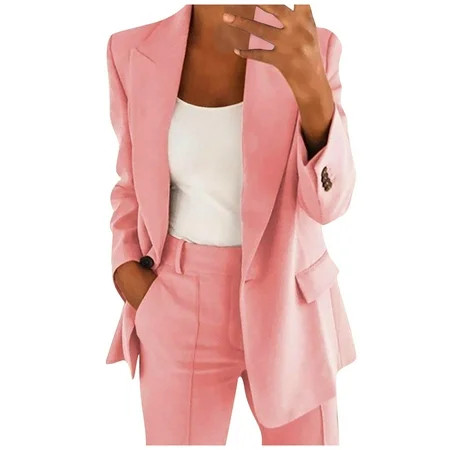 Womens Plus Size Pink Blazer Office Work Coat Solid Color Casual Cardigan Pocket Long Sleeve Top Pet | Walmart (US)