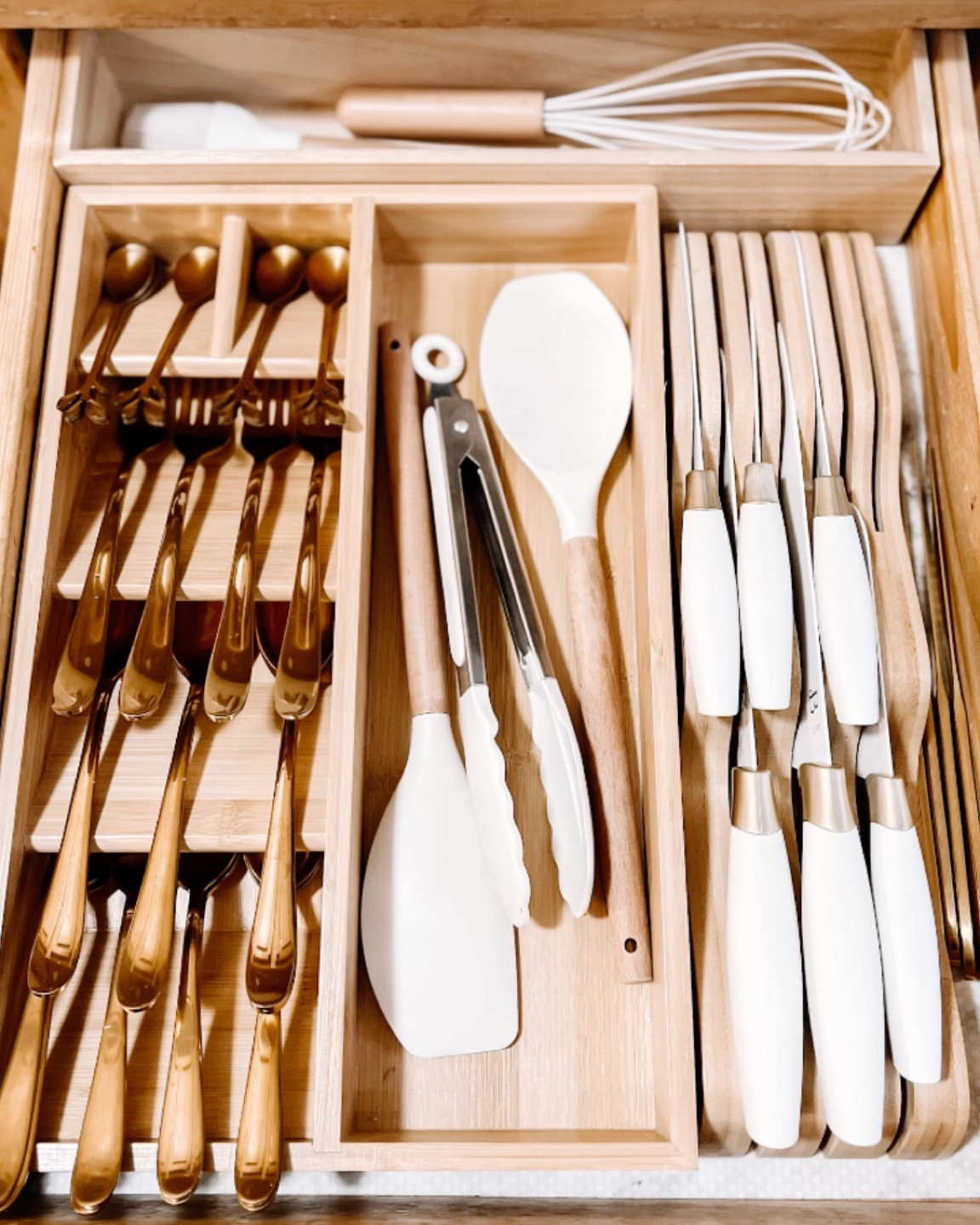 Drawer Organization, drawer organizer, knife Organizer, tray, kitchen drawers, gold flatware, silicone utensils, wood tray, bamboo organizer 

#LTKFind #LTKSale #LTKhome