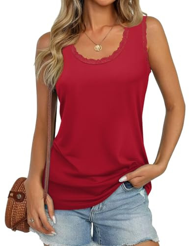 Womens Tank Tops Lace Trim Summer Scoop Neck Dressy Casual Cute Tops Trendy Sleeveless Loose Fit Shirts (Red, Large) | Amazon (US)