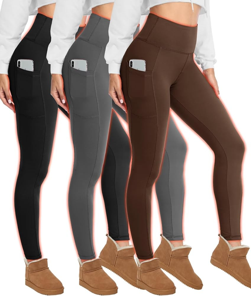HIGHDAYS 3 Pack Fleece Lined Leggings for Women with Pockets - Tummy Control Thermal Warm Yoga Pa... | Amazon (US)