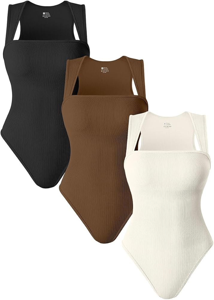 TOB Women's 3 Piece Bodysuits Sexy Ribbed Strappy Square Neck Sleeveless Shapewear Bodysuits | Amazon (US)