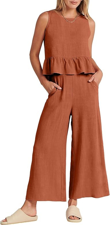 ANRABESS Women's Summer 2 Piece Outfits Sleeveless Ruffle Tank Crop Top & Wide Leg Pants Lounge S... | Amazon (US)