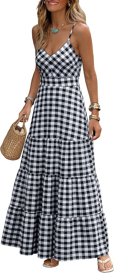 Caracilia Women's Gingham Striped Smocked Maxi Dress | Spaghetti Strap,Pockets,V Neck A-Line ,Che... | Amazon (US)